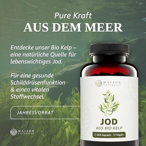 MAISON NATURELLE® JOD aus Bio Kelp (365 Stück) - 100% Kelp Kapseln, Extrakt aus Braunalgen ohne Zusätze – optimal dosiert mit 195 µg natürlichem Jod je Kapsel, Tabletten