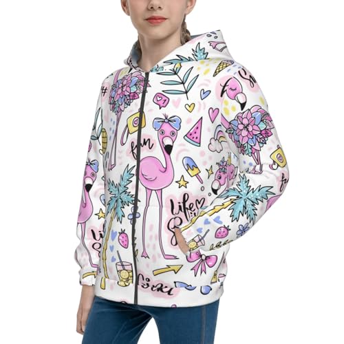 Summer with Flamingo Kids Pullover Hoodies Boys Zip Up Sweatshirts Girls Athletic Clothes with Pocket