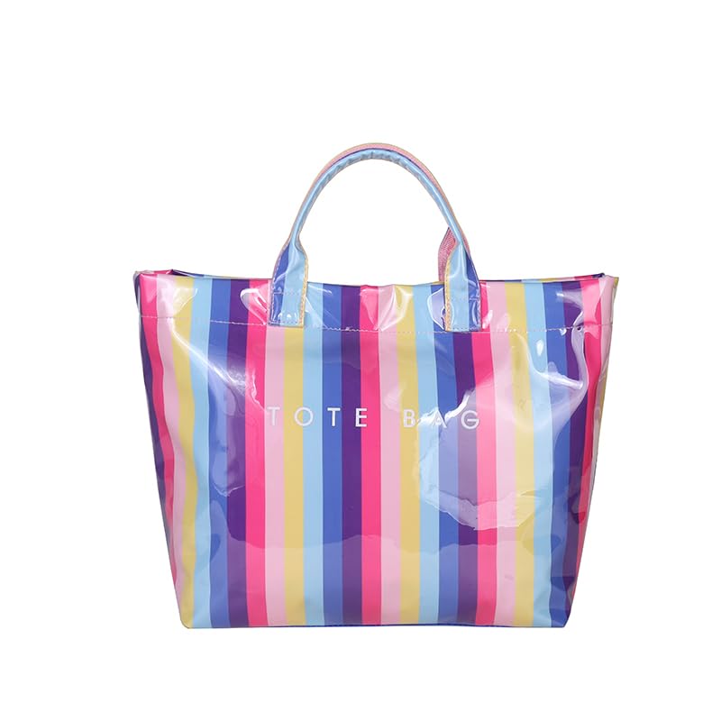 Image of Lushandy Striped PVC Tote Bag for Women, Checkered Plastic Tote Bag for Beach Pool Large Plaid Letters Print Hobo Handbag