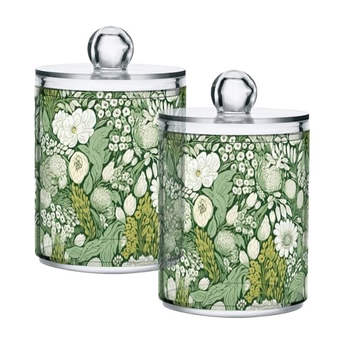 GAIREG Juego de 2 tarros de plástico para bolas de algodón, diseño floral blanco y verde