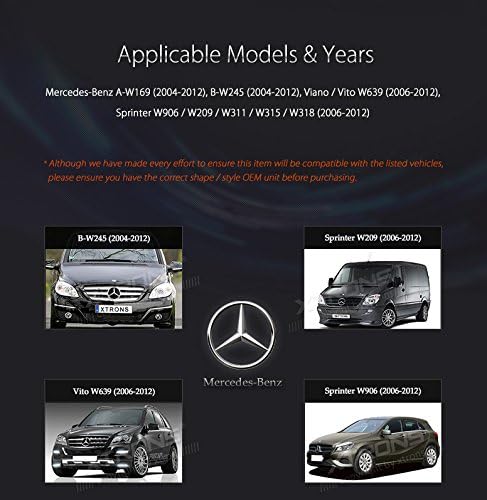 Diagram showing compatible Mercedes-Benz models: A-W169, B-W245, Viano/Vito W639, Sprinter W906/W209/W311/W315/W318 with their respective year ranges.