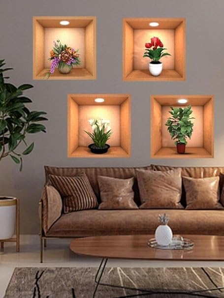 SeaRegal New Creative Simulation Plant Potted 3D Wall Stickers Living Room Study Office Waterproof Decorative Stickers Pack of 4