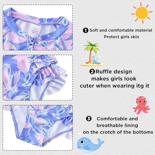 Image of UMELOK Girls Long Sleeve Rash Guard One Piece Swimsuits UPF 50+ Ruffle Zipper Bathing Suit 4-10 Years