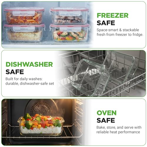 Image of Nutrichef 10-Piece Glass Food Containers - Stackable Superior Glass Meal-prep Storage Containers, Newly Innovated Leakproof Locking Lids w /Air Hole, Freezer-to-Oven-Safe (Red)