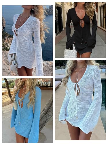 Image of ANRABESS Women's Crochet Swimsuit Cover Up, V Neck Mesh Knit Beach Dress, Long Sleeve Summer Vacation Beachwear