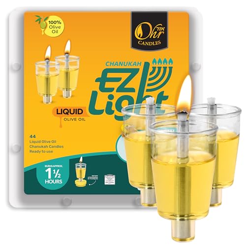 Pre-Filled Menorah Oil Cup Candles - Hanukkah EZ Lights - 100% Olive Oil with Cotton Wick in Cup - 44 Pack Burns Approx. 1 1/2 Hrs