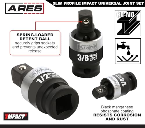 Image of ARES 22036 3-Pc Slim Profile Impact Universal Joint Set - 1 /4,3 /8,1 /2-In
