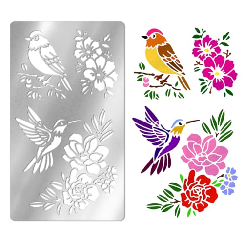 UNICRAFTALE Pochoirs Métal pour Artisanat la Pyrogravure les Fleurs et les Oiseaux Modèle Réutilisable Acier Inoxydable Pochoir Floral Colibri pour...