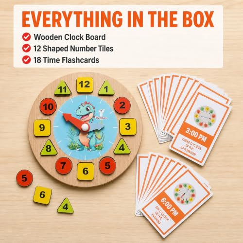 Image of Dinosour Learning Clock with Time Flash Cards | Child Safe Paint and Imported Wood