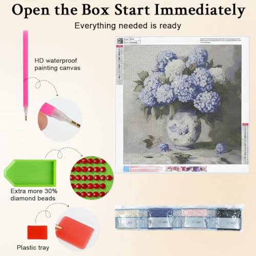 Image of HASTHIP DIY Diamond Painting Kit for Adult, Hydrangea Flower Vase Full Drill Diamond Art Canvas with Sparkling Resin Rhinestones, Craft Set for Adults, Unframed DIY Home Wall Decor Gift, 40x40cm