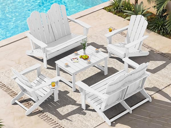 Image of SERWALL 5-Pc HDPE Adirondack Set, 2 Chairs, 2 Benches&1 Coffee Table, White