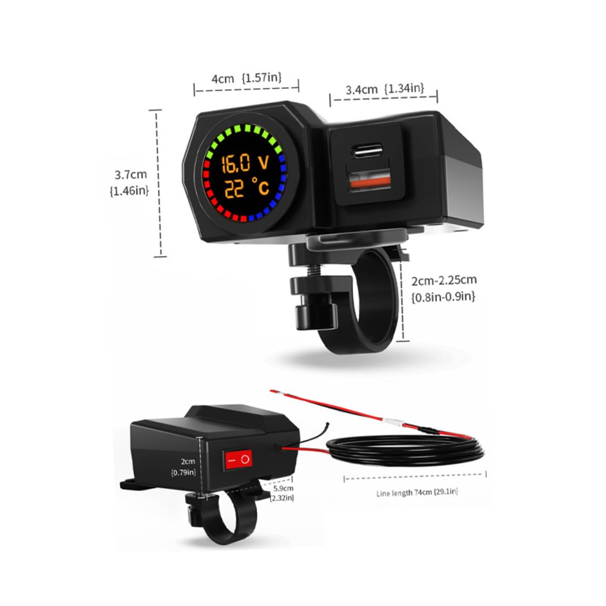 Gogogmee Motorcycle Dual Ports USB USB C Charger with Color Screen Voltmeter and Thermometer Fast Charging Adapter for Phones Tablets GPS Essential Motorcycle Accessories