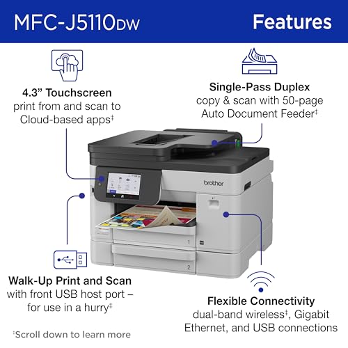 Image of Brother INKvestment 5110 Wireless Color Inkjet All-in-One Printer with a 500-sheet Paper Tray Capacity and a 4.3 inch Color Touchscreen (MCF-J5110DW)