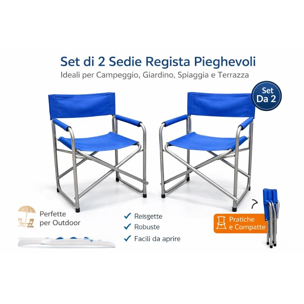 Set 2 Sedie Regista Pieghevoli 57x46x80 cm – Sedie da Campeggio con Struttura in Ferro e Tessuto Oxford Resistente – Sedie Outdoor Compatte e Maneggevoli per Giardino, Spiaggia, Terrazzo