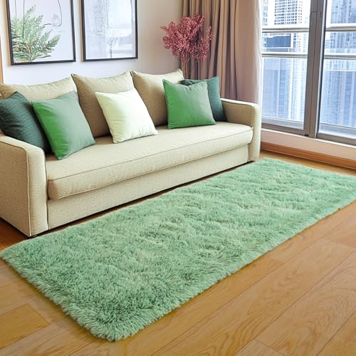 KING DARE Runner 2x6 Rugs for Bedroom, Fluffy Shaggy Sage Green Rug for Dorm, Fuzzy Shag Plush Non-Slip Washable Soft Carpet for Bedside Girls Boys Kids Room Decor