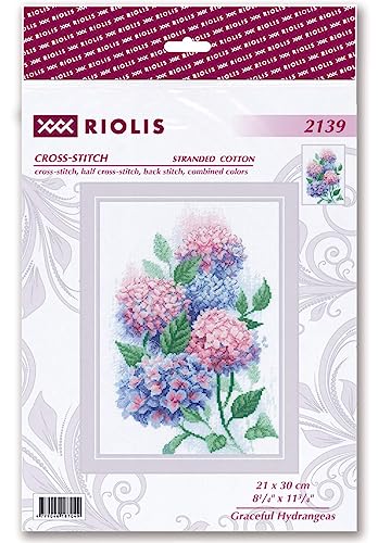 Image of RIOLIS - Graceful Hydrangeas 2139, Cross Stitch Kits 8 inch x 11 inch, Cross Stitch Kits for Adults, Floral Counted Cross Stitch Kits, Embroidery Kit for Beginners & Advanced, Crossstitching Kits