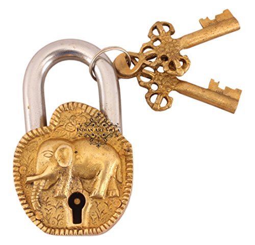 Image of Indian Art Villa Handmade Old Vintage Style Antique Elephant Design Brass Security Lock with 2 Keys|Home Temple Office