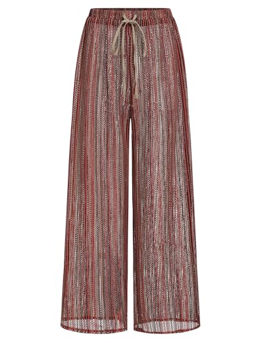 Image of ZAFUL Womens Beach Cover Up Pants Sexy Crochet Drawstring Elastic Boho Swimsuit Cover Up Long Pants Beach Wear