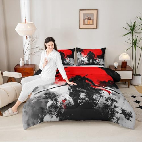 Image of Feelyou Japanese Samurai Comforter Set All Season Warrior Bushido Bedding Set with 1 Pillow Cases Black Red Microfiber Kids Toddler Bedclothes Mount Fuji Bedroom Decor Duvet Quilt Breathable Soft