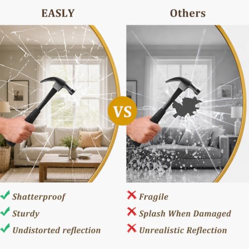 Image of Easly 40 Inch Round Mirror, Gold Metal Frame Wall Mirror for Bathroom | Aluminum Alloy Frame Wall Mirror with High-Definition Lense for Entryway, Living Room, Vanity, Bedroom