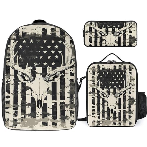 Camouflage U.S. Flag with Deer Skull Large Travel Backpacks Carry on Backpack Weekender Bag with 2 Storage Pockets for Men And Women