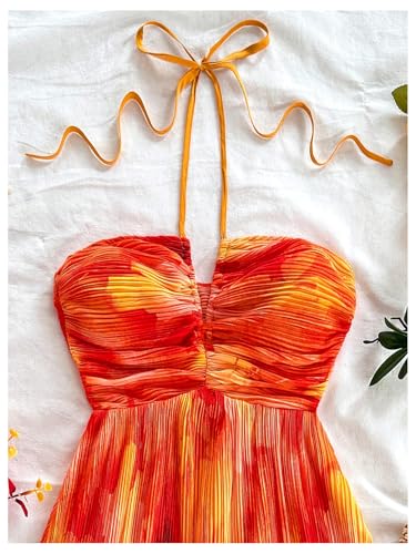 Floerns Women's Tie Dye A Line Flowy Halter Mini Dress Sleeveless Ruched Flare Hem Sundresses3