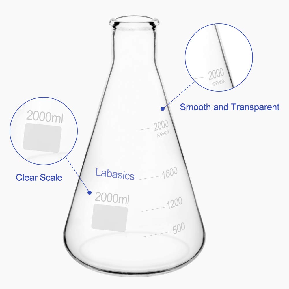 Labasics Matraces Erlenmeyer en Boca Estrecha, Erlenmeyer Flask Matraz de Cristal de Borosilicato con Borde Resistente - 2L