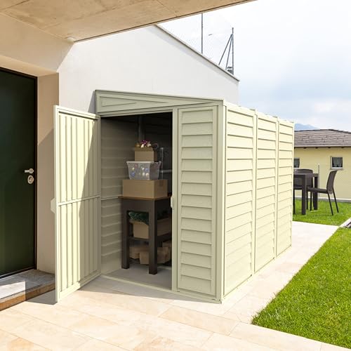 Duramax SideMate 4 x 8 (2.91 m²) Kunststoff gerätehaus mit Metallfundament Set, Wendetür, robuste Metalldachkonstruktion, wartungsfreier Vinylschuppen, Elfenbein