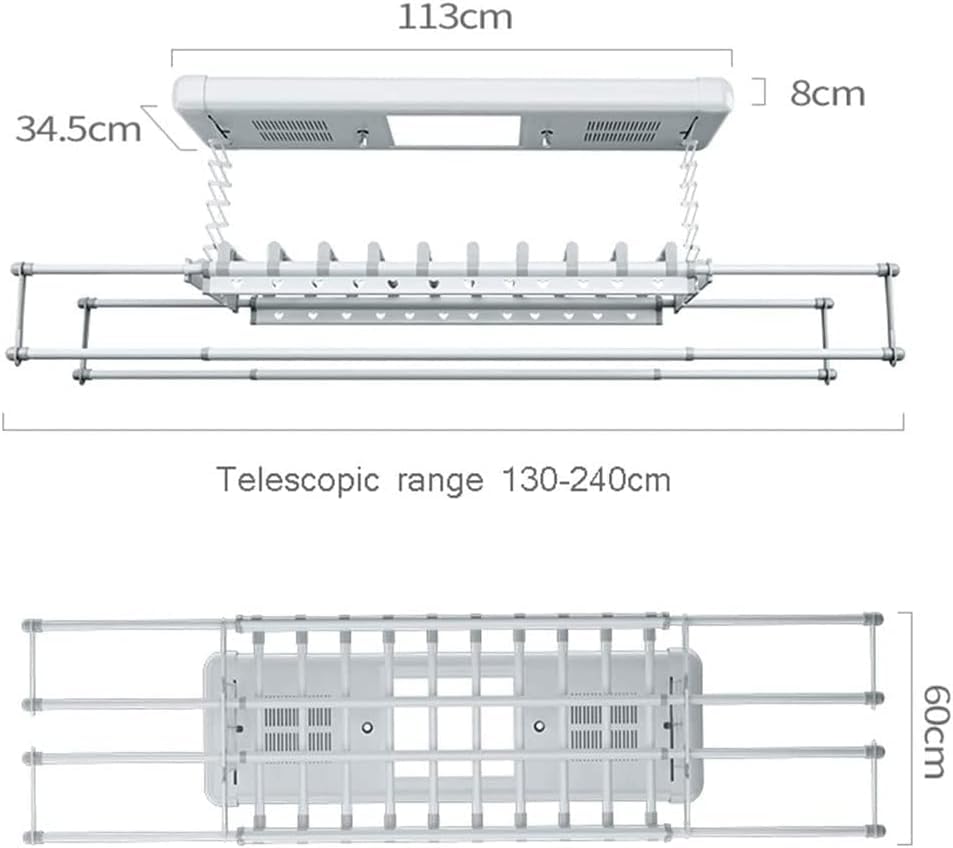 Étendoir à linge électrique monté au plafond avec lumière LED et ventilateur, perche télescopique automatique pour utilisation intérieure et balcon