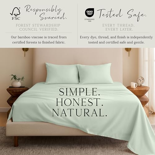 Image of KARISSA MAE Luxury Bamboo Viscose King Size Sheet Set | FSC Certified | Cooling | Ultra Soft | 18 inch Deep Pockets | Elastic Corner Straps | Includes Organizer Band [Sea Glass]