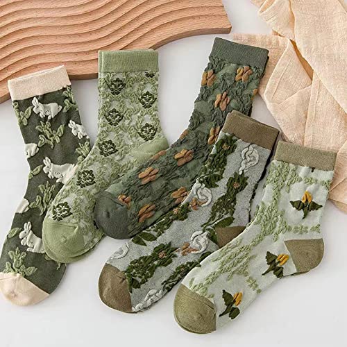 Image of DXYAKY 5 Pairs Womens Floral Cotton Socks Vintage Patterned Crew Socks Novelty Ankle Ruffled Warm Casual Dress Socks