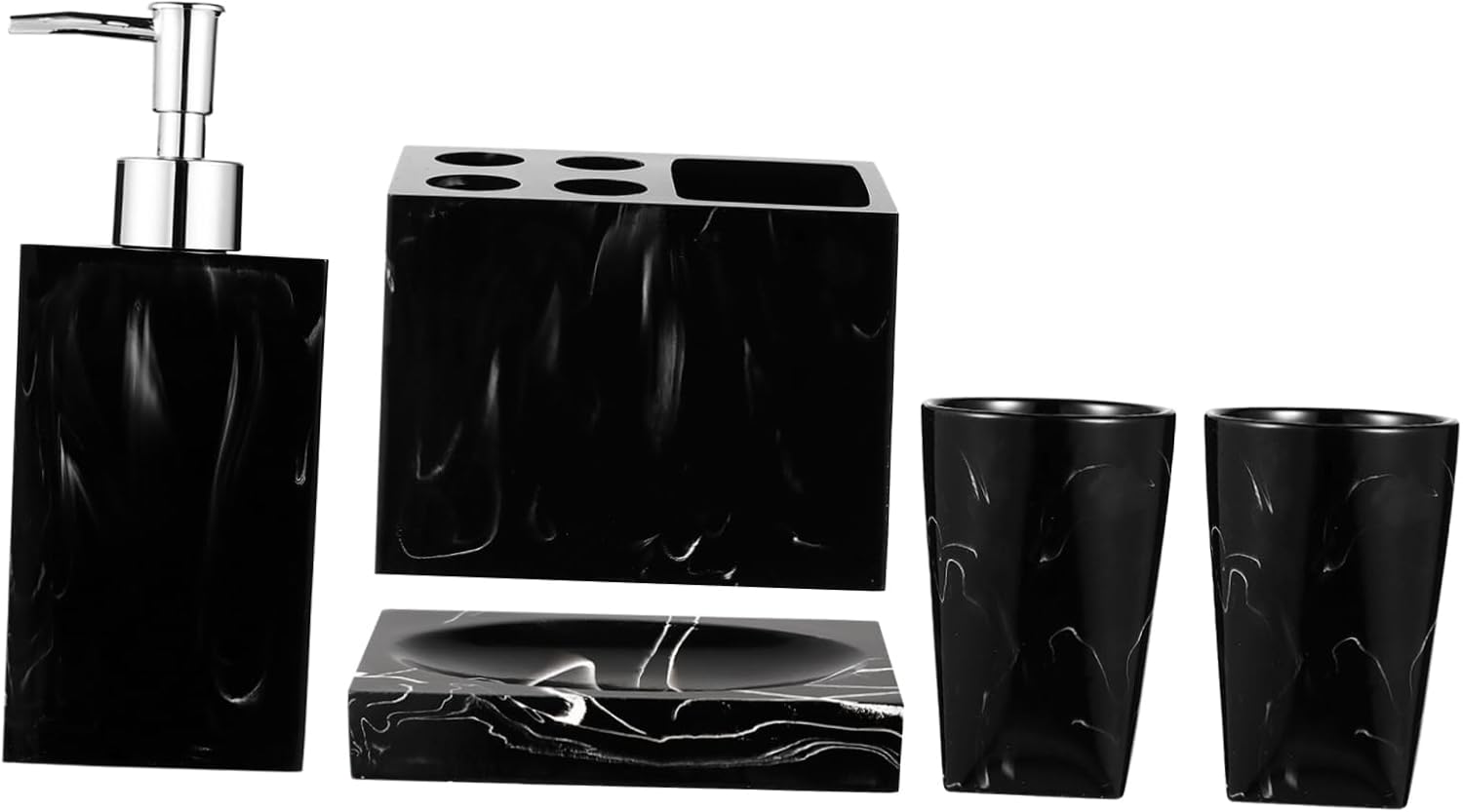 1set Marble Pattern Bathroom Supplies Includes Soap Dispenser Toothbrush Holder Mouthwash Cups and Soap Tray for Decor Black