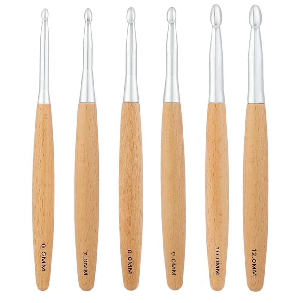 Luwqceu Large Crochet Hooks Set Crochet Hooks Beech Wood Handle Crochet Hooks 6.5mm,7.0mm,8.0mm,9.0mm,10.0mm,12.0mm
