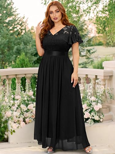 Knitee Women's Plus Size Lace Chiffon V Neck Wedding Party Elegant Butterfly Sleeves Flowy Maxi Dresses4