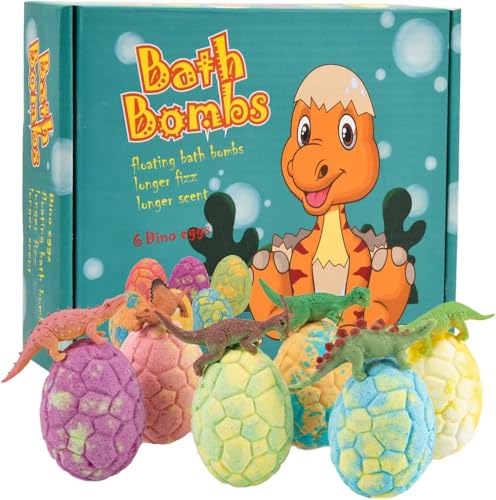 Ecofocet 6 Piezas Bombas de Baño para Niños con Juguete Sorpresa Dinosaurio, Set de Regalo de Bombas de Baño con Aceites Esenciales, Regalo para Niñas y Niños, Ideal para Navidad y cumpleaños