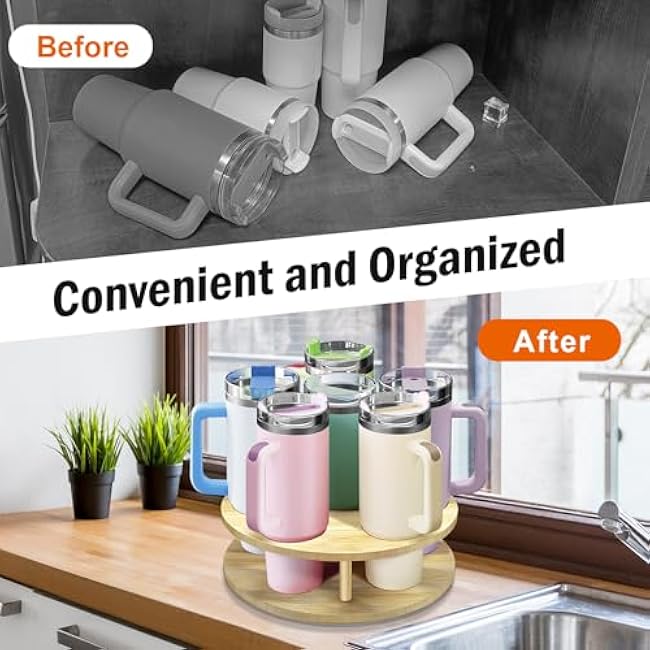 Water Bottle Organizer for Stanley Tumbler, Rotatable Stanley Cup Organizer for Kitchen Cabinets, Tumbler Holder Organizer for Stanley Cup Accessories(Wood)