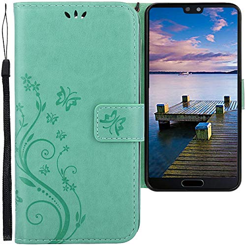 CLM-Tech Coque Compatible avec Huawei P20 Pro, Portefeuille en Cuir synthétique, Housse Etui avec Support et Cartes Compartiments, Papillons Vert