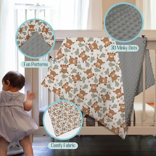 Image of Mink Baby Blanket for Boys Highland Cow Cactus Gray, Western Farm Animal Soft Lightweight Double Layer Dotted Backing Receiving Blankets, Newborn Infant Toddler Nursery Crib Bedding 30 x 40