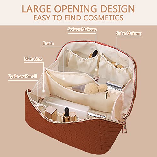 Bakluck Brown Checkered Makeup Bag Cosmetic Bag Large Capacity Travel Makeup Bag With Compartment Large Open Flat Makeup Bag Pu Leather Makeup Bag Portable For Women And Girl Travel #TOP3