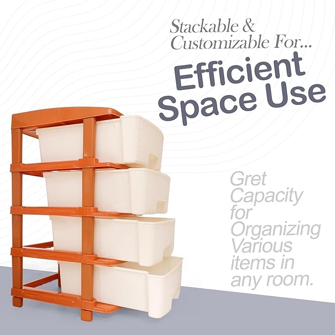 Image of KITCHIVO Plastic Modular Drawer Storage Chest Of Drawers Organizer Storage Box, Large Stomo Racks For Multipurpose Anti-slip Shoes Organizers (White & Golden, 4 Layer)