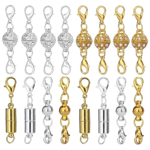 Magnetic Necklace Clasps 16-Piece Necklace Clasp Jewellery Fastener Set with Diamond Gold and Silver Designs Secure Magnetic Closure System for Necklaces and Jewellery Making