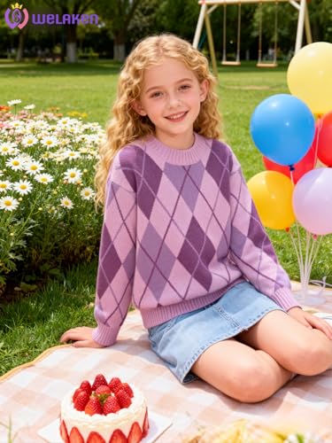 Image of WELAKEN Girls Sweater Colorful Patterned Crewneck Long Sleeve Knit Pullover