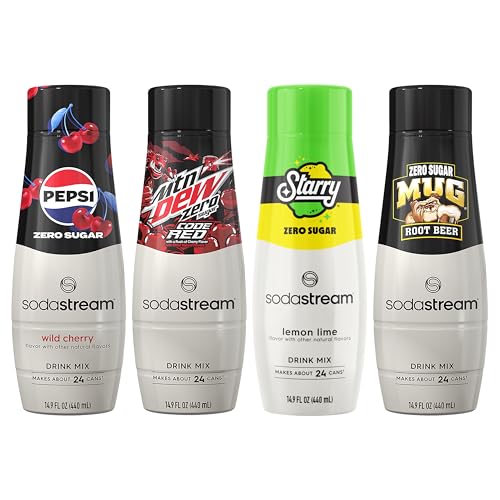 SodaStream Pepsi Wild Cherry, MTN Dew Code Red, Starry & Mug Root Variety Pack, Zero Sugar, 440ml...