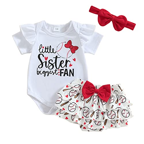 Newborn Baby Girl Baseball Clothes Little Sister Biggest Fan Romper Short Sleeve Top Shorts Set Headband 3Pcs Outfit