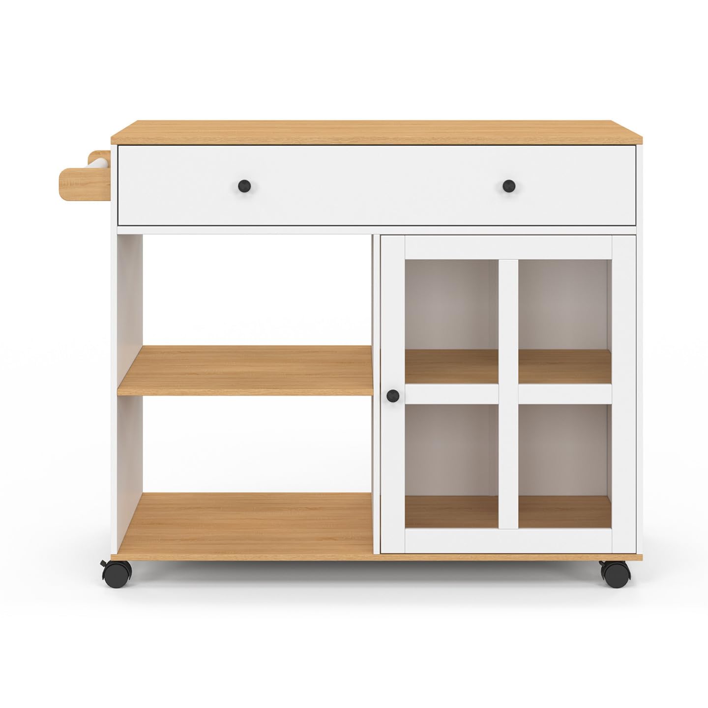 IDMarket - Carrito de cocina ACHILLE XXL con estantería y armario acristalado en madera y blanco L.100 CM
