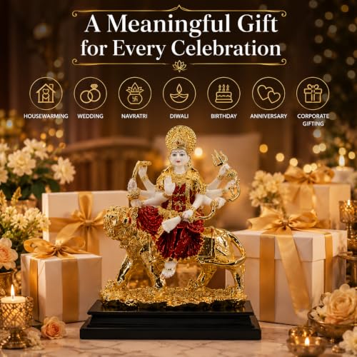 Image of Premium Maa Durga Statue on Lion - White, Gold & Red Ceramic Ambe Maa Idol - Luxury Hindu Goddess Figurine for Home Decor, Pooja Mandir, and Festive Gifting
