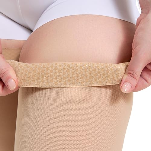 Image of Plus Size 4XL Thigh High Compression Stockings Footless- 15-20mmHg Moderate Full Leg Support Hoses with Unisex Reinforced Silicone Top Band, Breathable Fabric in Beige for Nurses & Extended Standing