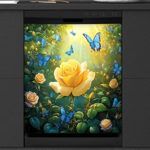 Copertura magnetica magnetica per lavastoviglie, motivo foresta gialla e rosa, copertura magnetica per lavastoviglie, riutilizzabile, impermeabile, copertura per elettrodomestici da frigorifero