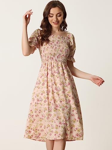 Image of Allegra K Women's Cottagecore Floral Dress Puff Sleeves Smocked Midi Dresses