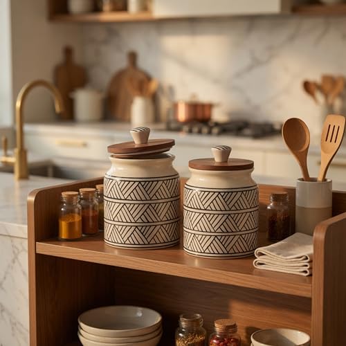 Image of Ceramic Jar & Container for Kitchen Storage Set | Multi Utility Air Tight Kitchen Organizer Items | Tea Coffee Sugar Containers with Wooden Lids (Hand-Painted, 460 ML, Pack of 2)